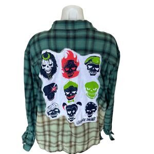 Suicide Squad Plaid Flannel Shirt XXL Oversized Upcycled Unique DC Comics Grunge